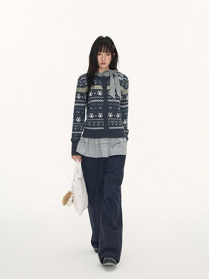 NAPSNAPS Retro Fair Isle Jacquard Bow Button Women&