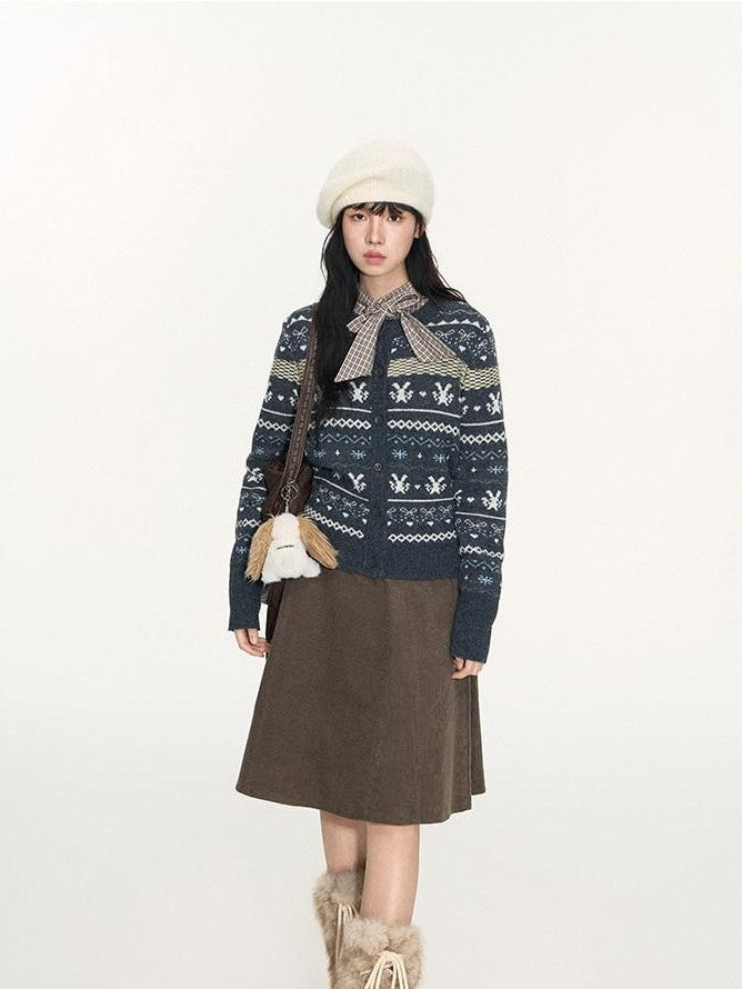 NAPSNAPS Retro Fair Isle Jacquard Bow Button Women&