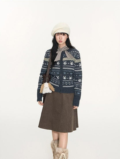 NAPSNAPS Retro Fair Isle Jacquard Bow Button Women&