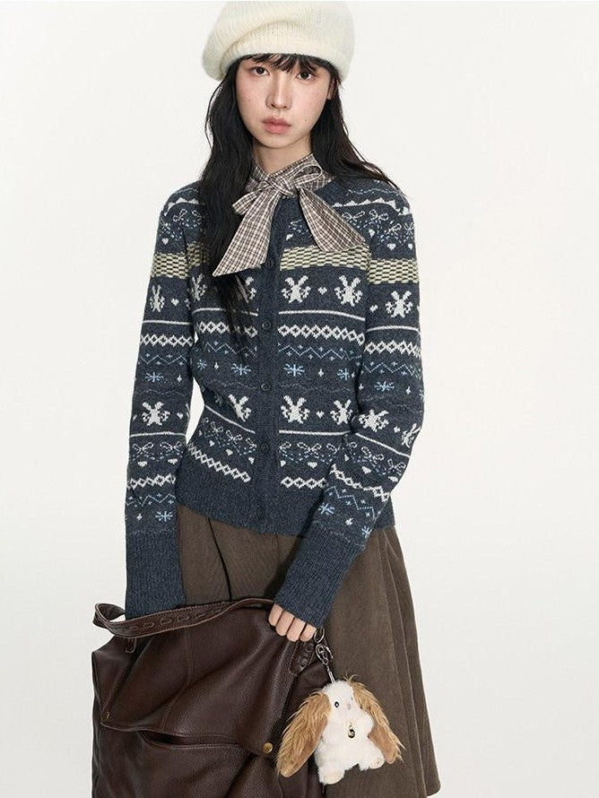 NAPSNAPS Retro Fair Isle Jacquard Bow Button Women&