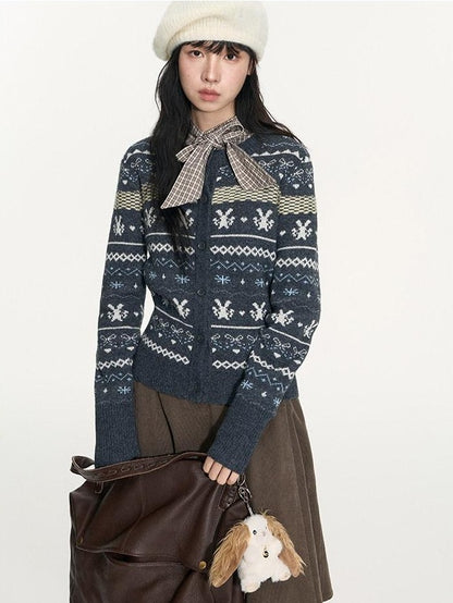 NAPSNAPS Retro Fair Isle Jacquard Bow Button Women&