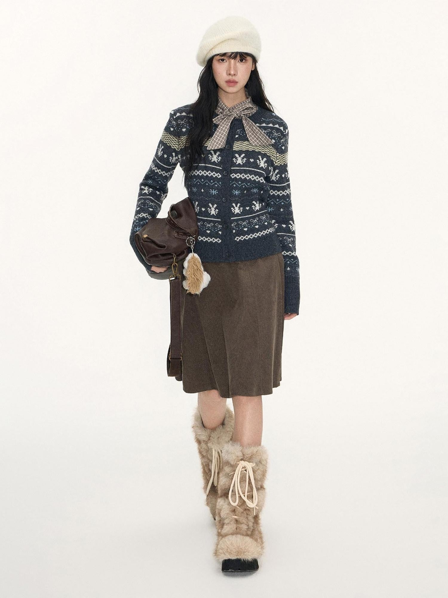 NAPSNAPS Retro Fair Isle Jacquard Bow Button Women&