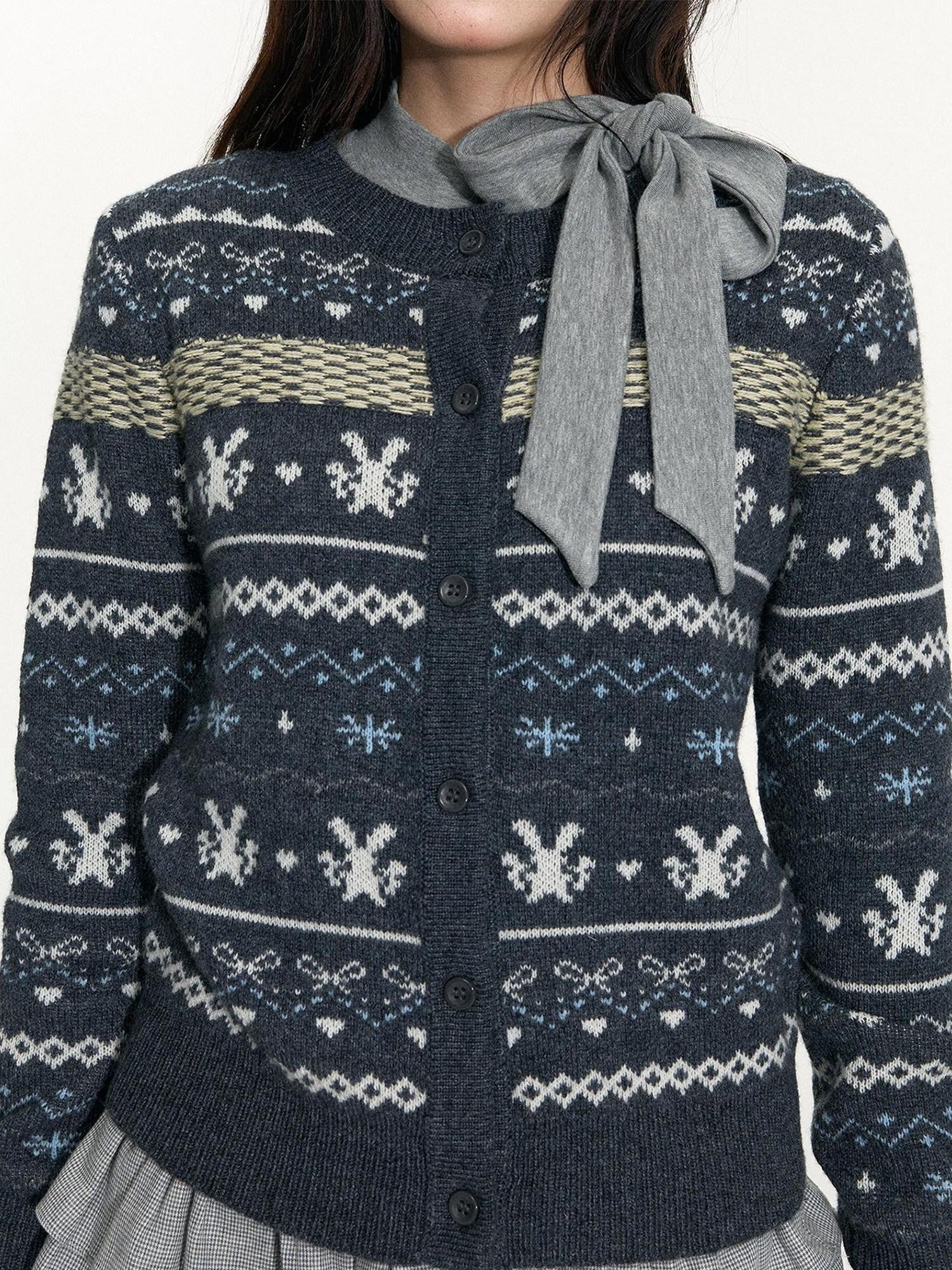 NAPSNAPS Retro Fair Isle Jacquard Bow Button Women&