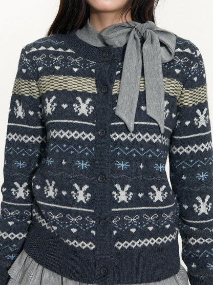 NAPSNAPS Retro Fair Isle Jacquard Bow Button Women&