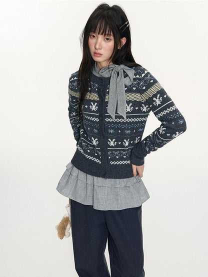 NAPSNAPS Retro Fair Isle Jacquard Bow Button Women&