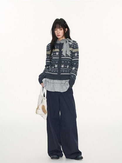 NAPSNAPS Retro Fair Isle Jacquard Bow Button Women&
