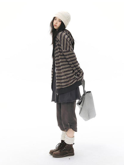 NAPSNAPS Reversible Striped Kangaroo Pocket Drop Shoulder Women&