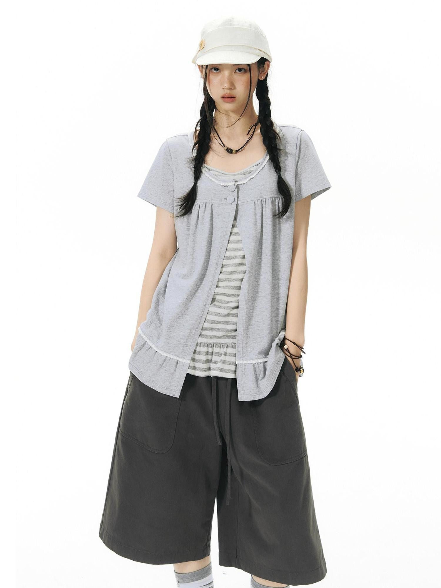 NAPSNAPS Ribbed Drawstring Waist Cargo Pocket Straight Women&