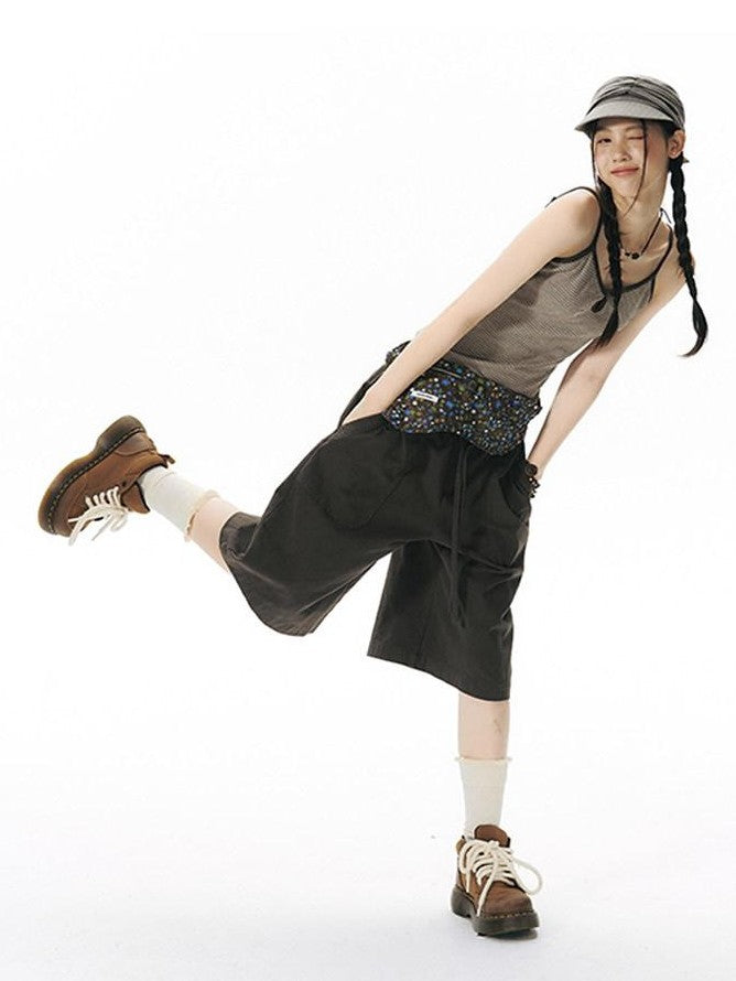 NAPSNAPS Ribbed Drawstring Waist Cargo Pocket Straight Women&
