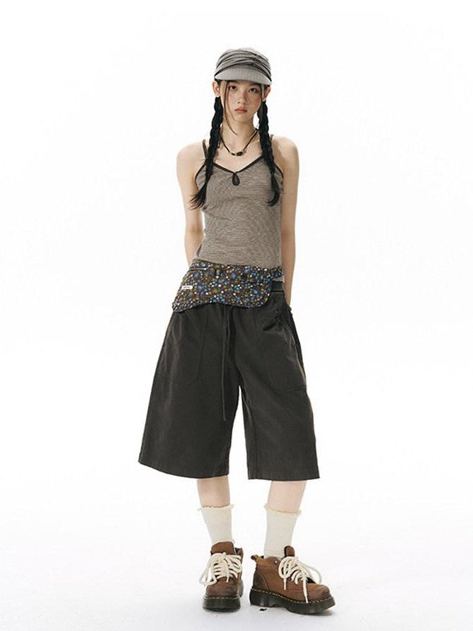NAPSNAPS Ribbed Drawstring Waist Cargo Pocket Straight Women&