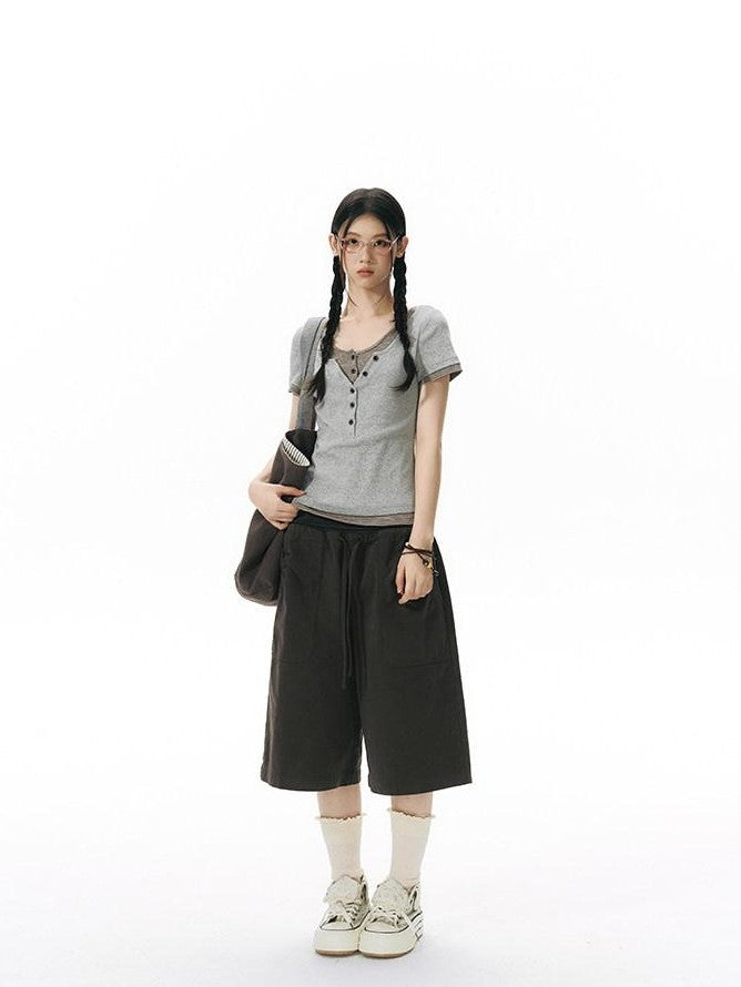 NAPSNAPS Ribbed Drawstring Waist Cargo Pocket Straight Women&