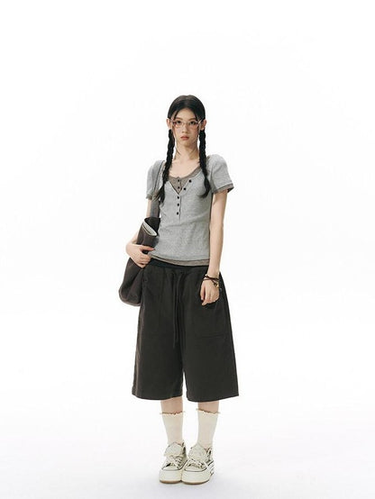 NAPSNAPS Ribbed Drawstring Waist Cargo Pocket Straight Women&
