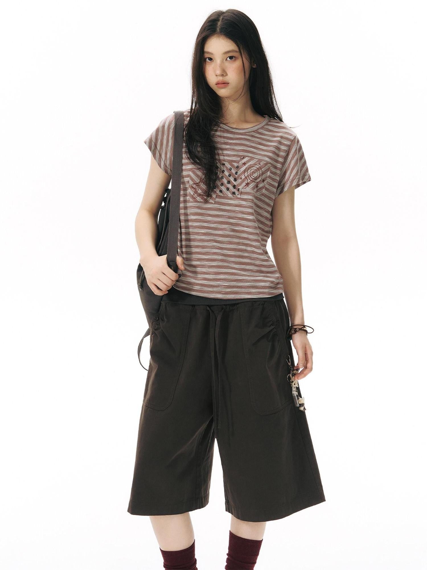 NAPSNAPS Ribbed Drawstring Waist Cargo Pocket Straight Women&
