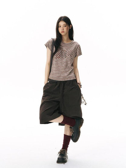 NAPSNAPS Ribbed Drawstring Waist Cargo Pocket Straight Women&