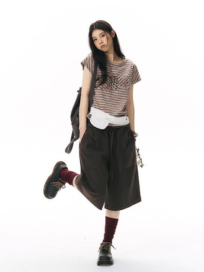 NAPSNAPS Ribbed Drawstring Waist Cargo Pocket Straight Women&