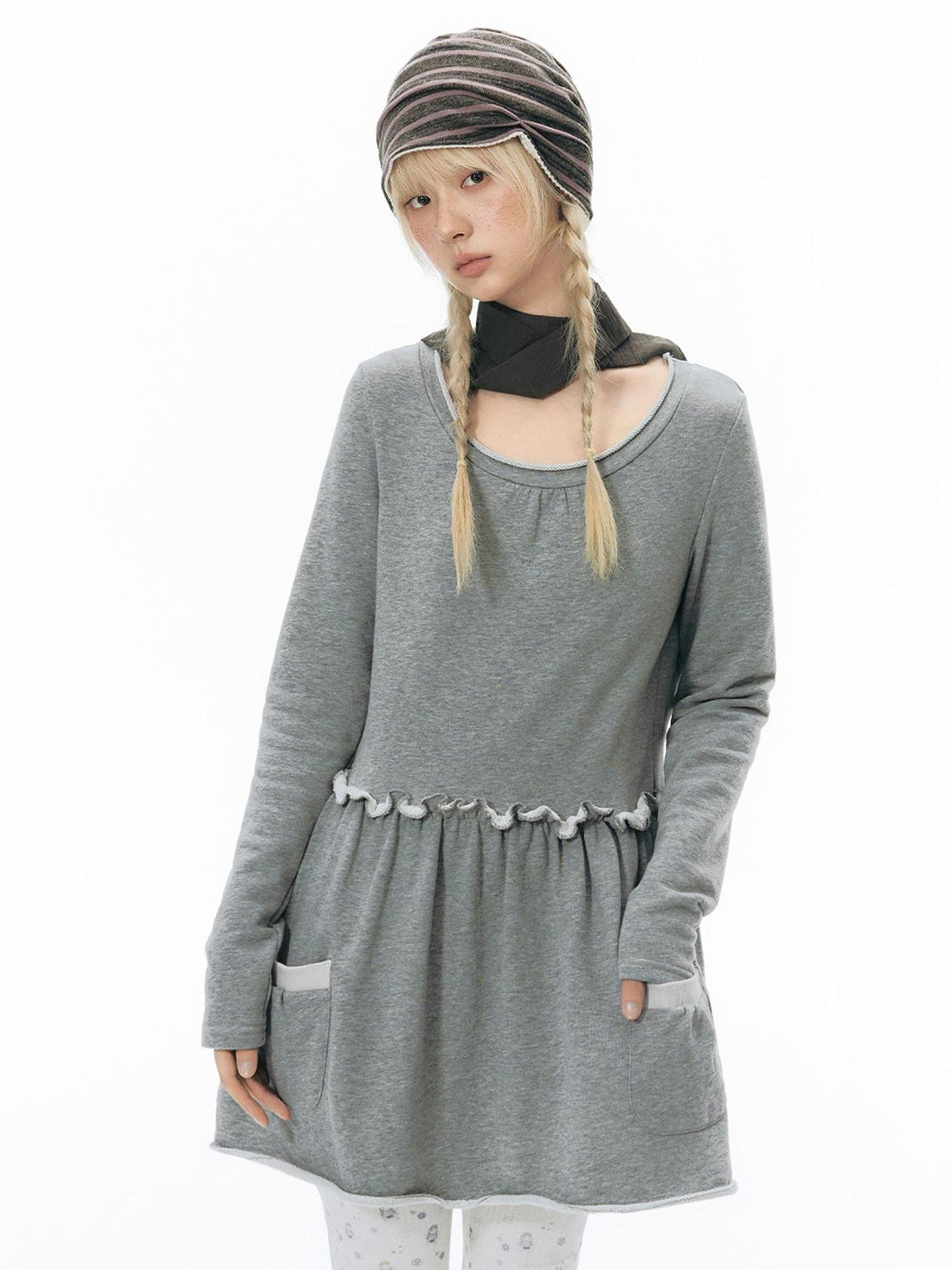 NAPSNAPS Rolled Edge Raw Hem Long Sleeve Round Neck Women&