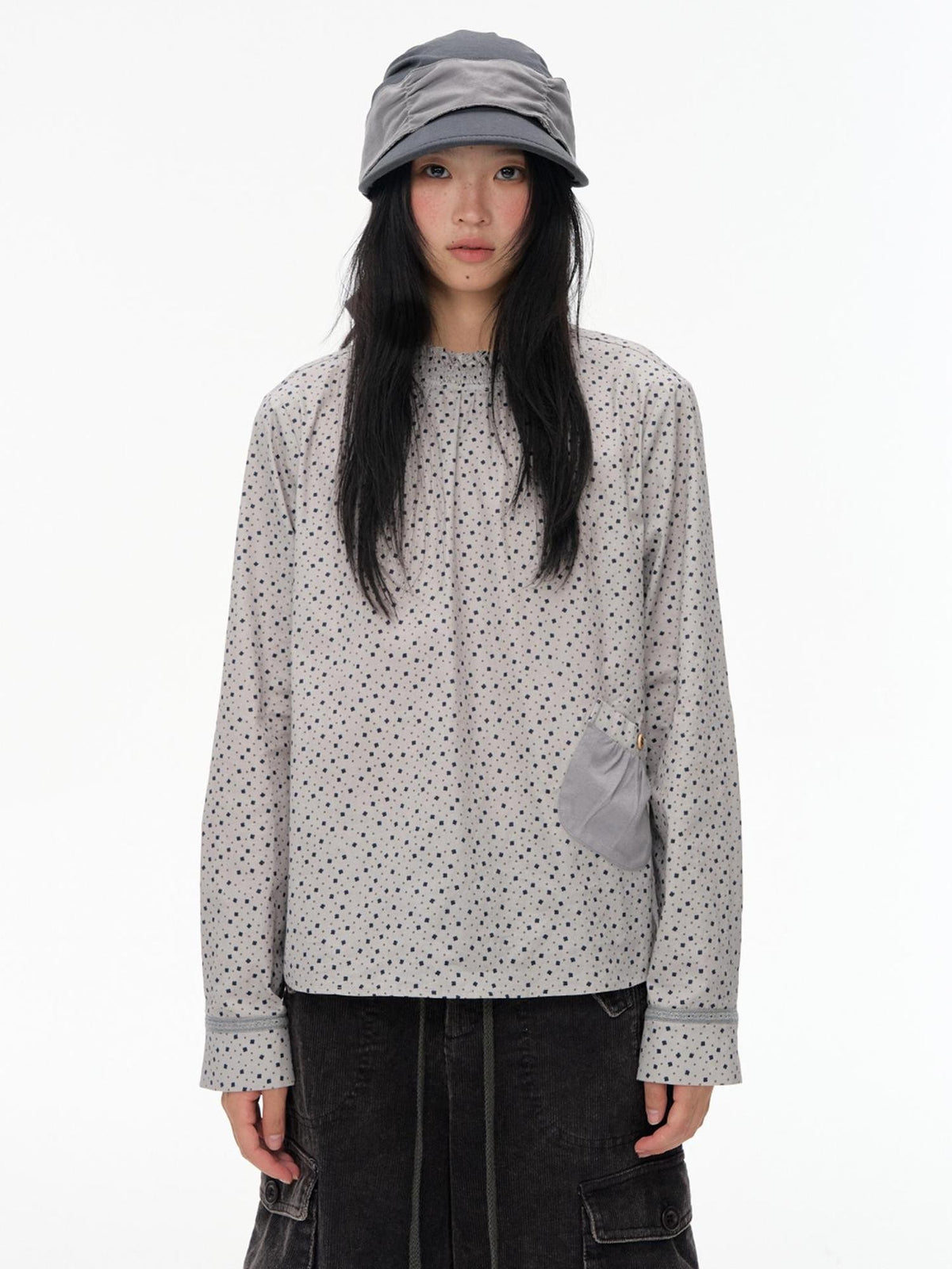 NAPSNAPS Ruched Floral Print Stand Collar Long Sleeve Cotton Women&