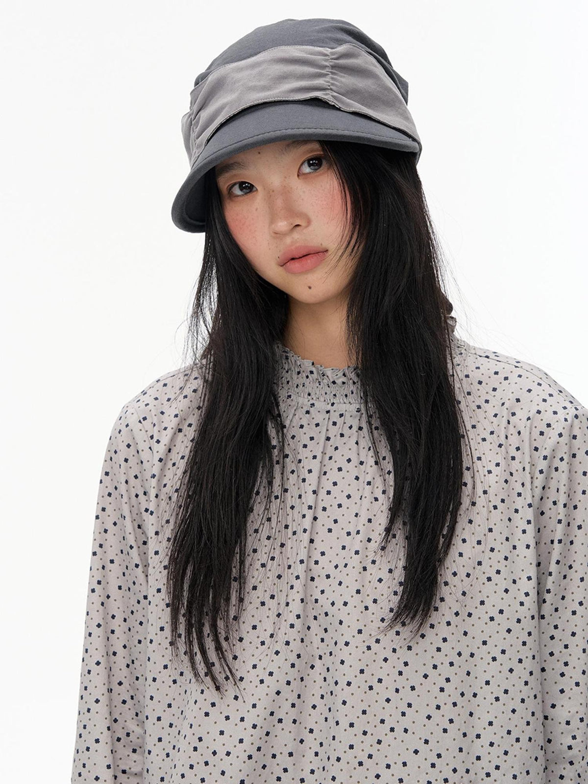 NAPSNAPS Ruched Floral Print Stand Collar Long Sleeve Cotton Women&
