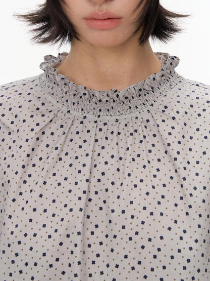 NAPSNAPS Ruched Floral Print Stand Collar Long Sleeve Cotton Women&