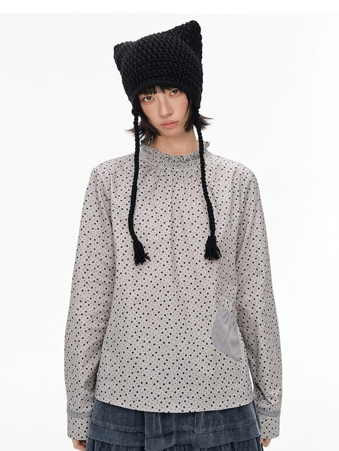 NAPSNAPS Ruched Floral Print Stand Collar Long Sleeve Cotton Women&
