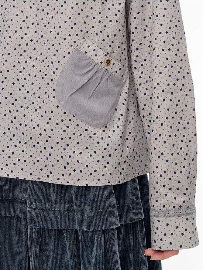NAPSNAPS Ruched Floral Print Stand Collar Long Sleeve Cotton Women&