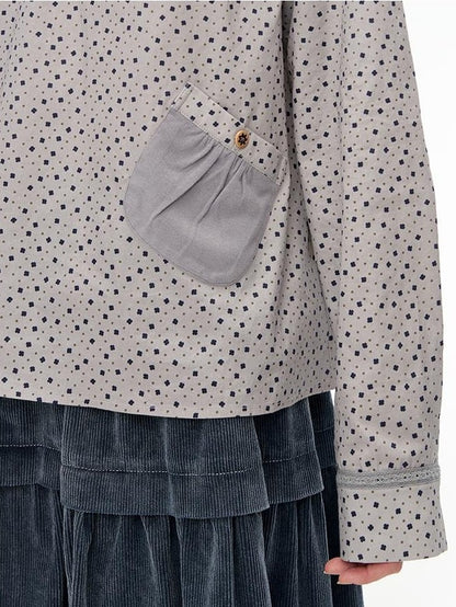 NAPSNAPS Ruched Floral Print Stand Collar Long Sleeve Cotton Women&