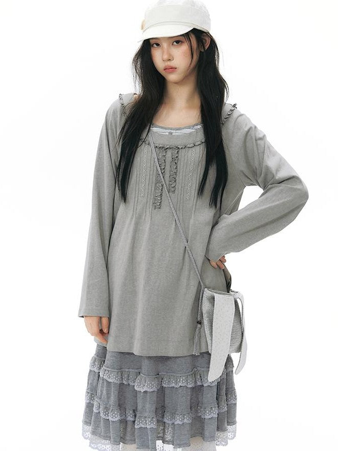 NAPSNAPS Ruffle Edge Pleated Front Tape Raglan Women&