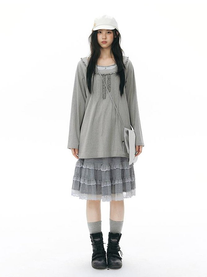 NAPSNAPS Ruffle Edge Pleated Front Tape Raglan Women&