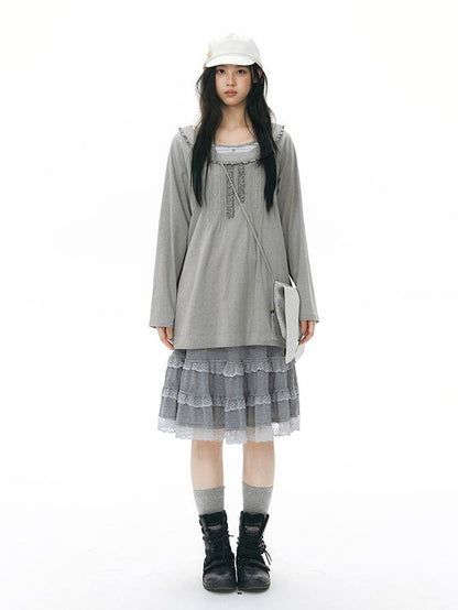 NAPSNAPS Ruffle Edge Pleated Front Tape Raglan Women&