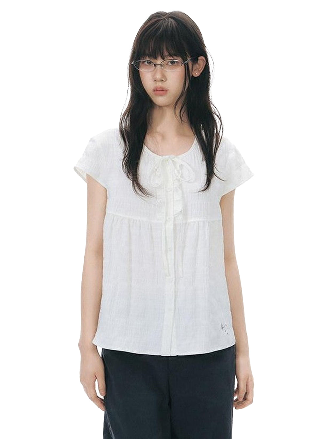 NAPSNAPS Ruffle Embroidered Tie Round Neck Women&