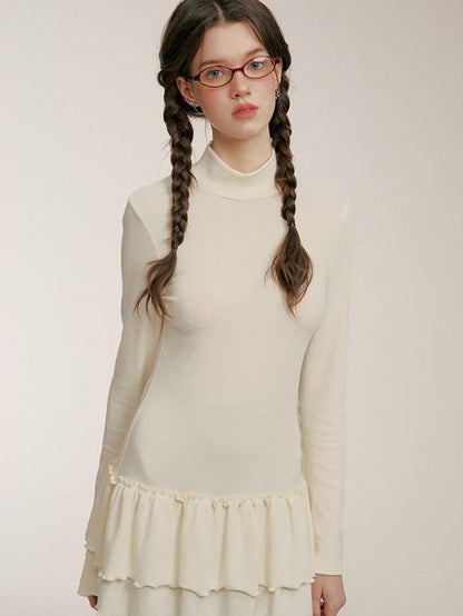 NAPSNAPS Ruffle Hem Pleated Slim Fit Turtleneck Women&