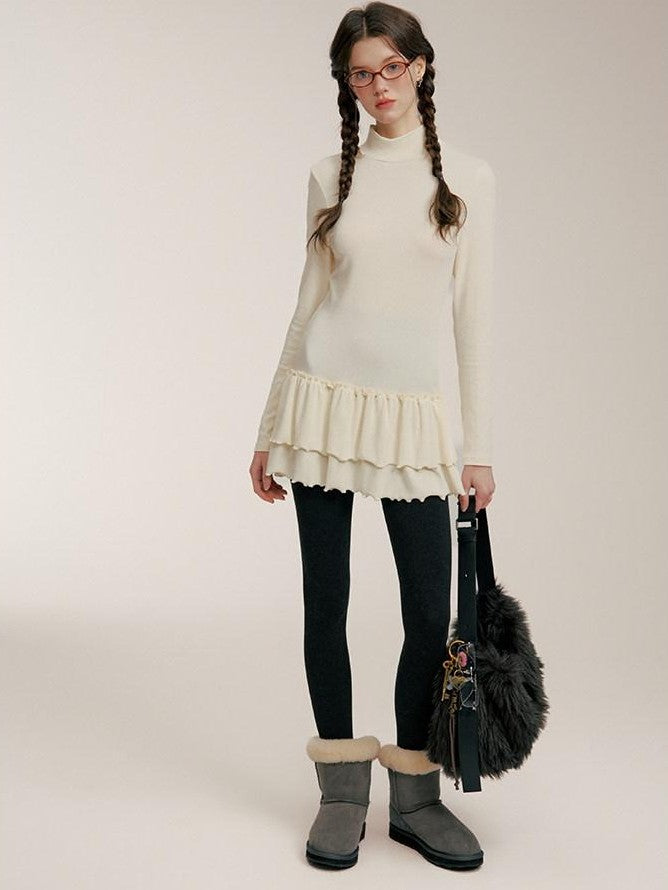 NAPSNAPS Ruffle Hem Pleated Slim Fit Turtleneck Women&