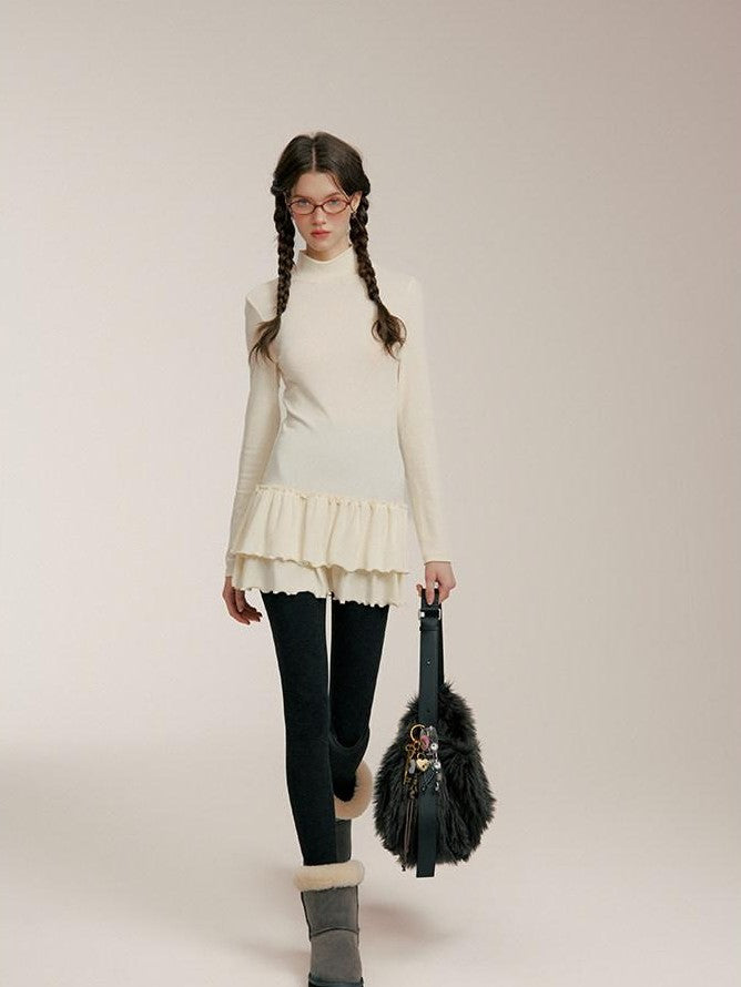 NAPSNAPS Ruffle Hem Pleated Slim Fit Turtleneck Women&
