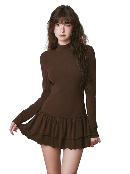 NAPSNAPS Ruffle Hem Pleated Slim Fit Turtleneck Women&