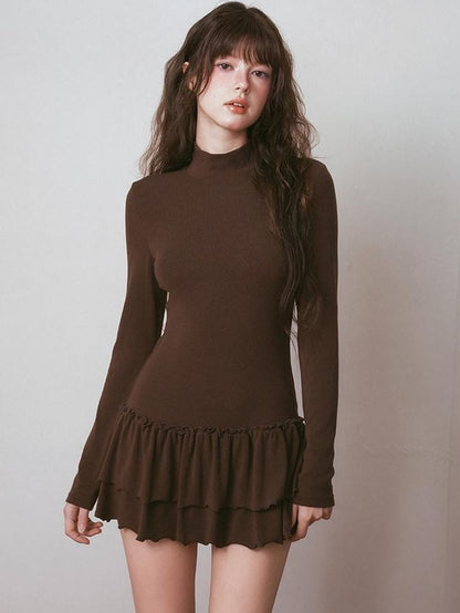 NAPSNAPS Ruffle Hem Pleated Slim Fit Turtleneck Women&