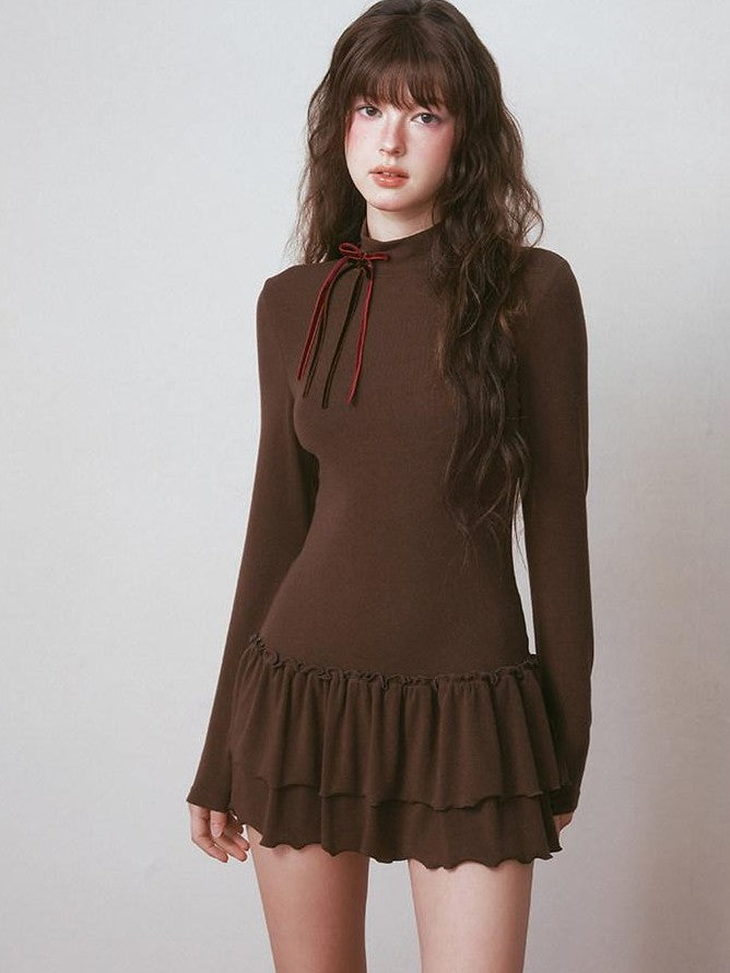 NAPSNAPS Ruffle Hem Pleated Slim Fit Turtleneck Women&