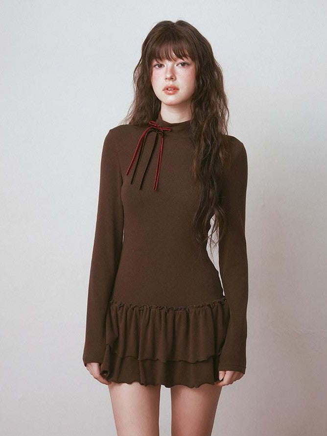 NAPSNAPS Ruffle Hem Pleated Slim Fit Turtleneck Women&
