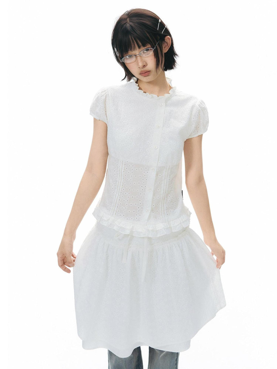 NAPSNAPS Ruffle Trim Cinched Waist Puff Sleeve Women&