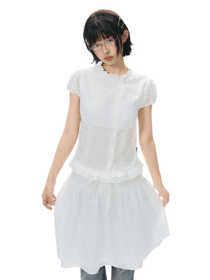 NAPSNAPS Ruffle Trim Cinched Waist Puff Sleeve Women&