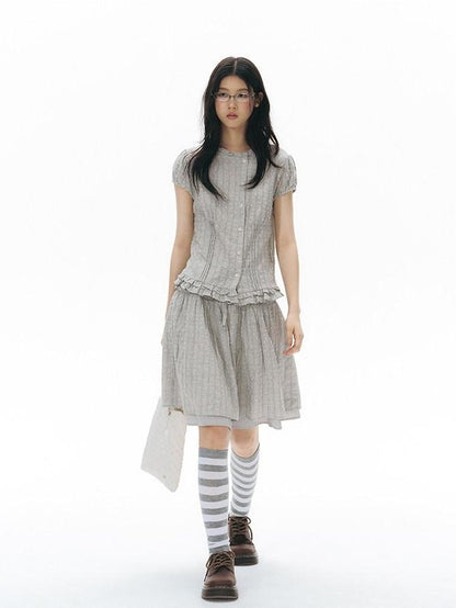 NAPSNAPS Ruffle Trim Cinched Waist Puff Sleeve Women&