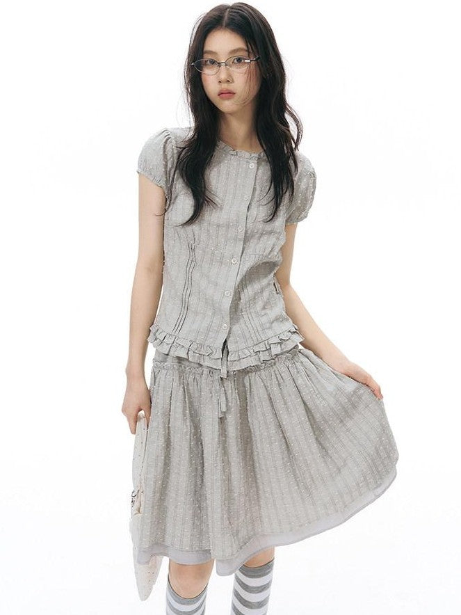 NAPSNAPS Ruffle Trim Cinched Waist Puff Sleeve Women&