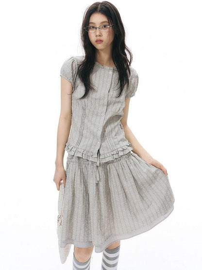 NAPSNAPS Ruffle Trim Cinched Waist Puff Sleeve Women&