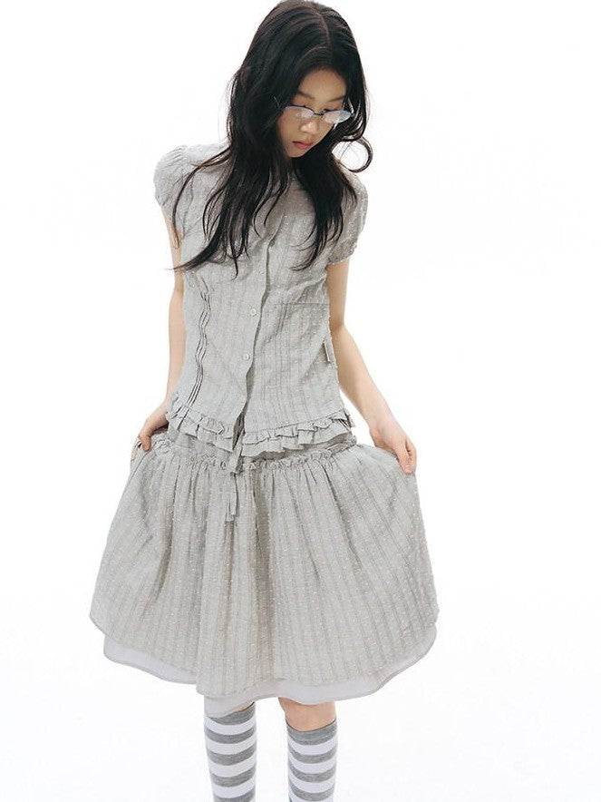 NAPSNAPS Ruffle Trim Cinched Waist Puff Sleeve Women&
