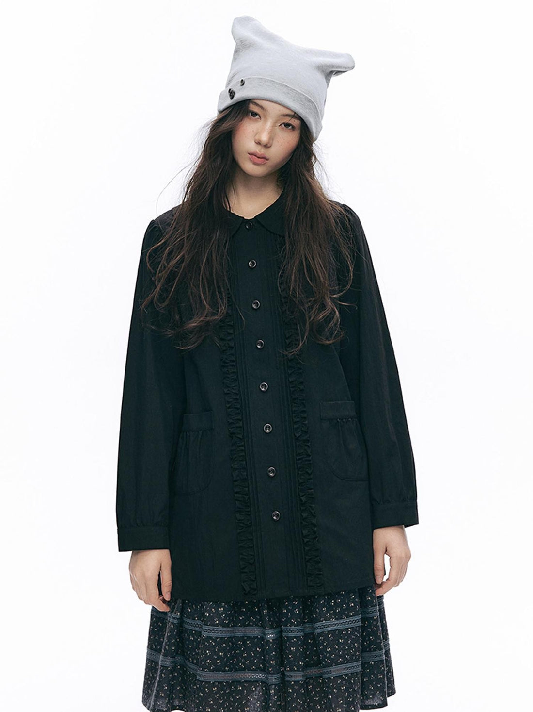 NAPSNAPS Ruffled Placket Doll Collar Puff Sleeve Cotton Women&