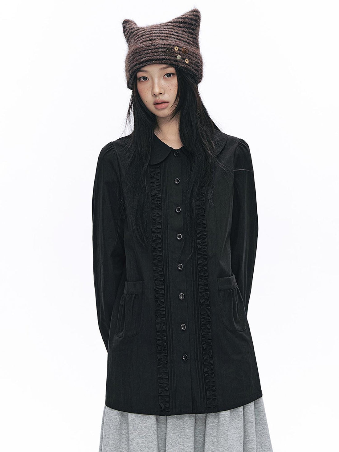 NAPSNAPS Ruffled Placket Doll Collar Puff Sleeve Cotton Women&