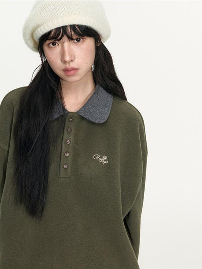 NAPSNAPS Sage Green Embroidered Colorblock Polo Collar Women&