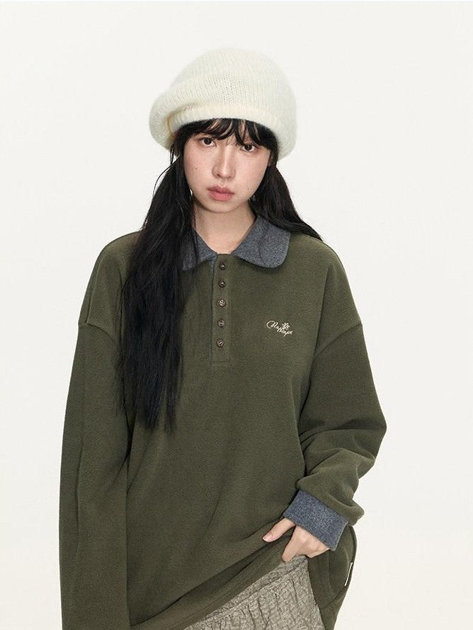 NAPSNAPS Sage Green Embroidered Colorblock Polo Collar Women&