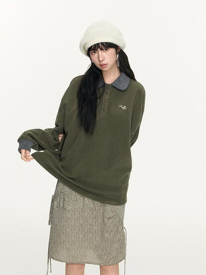 NAPSNAPS Sage Green Embroidered Colorblock Polo Collar Women&