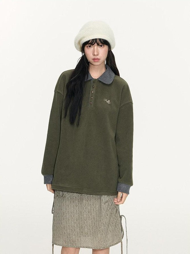 NAPSNAPS Sage Green Embroidered Colorblock Polo Collar Women&