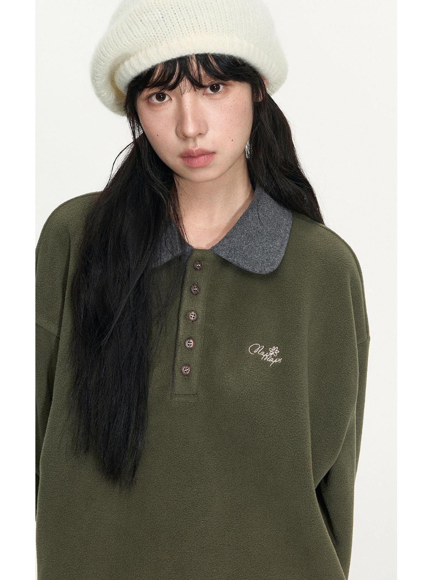 NAPSNAPS Sage Green Embroidered Colorblock Polo Collar Women&